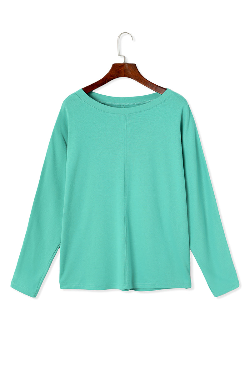 Green Plain Solid Color Casual Seam Long Sleeve Top