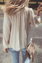 Beige Floral Embroidered Crinkle Puff Sleeve Loose Blouse