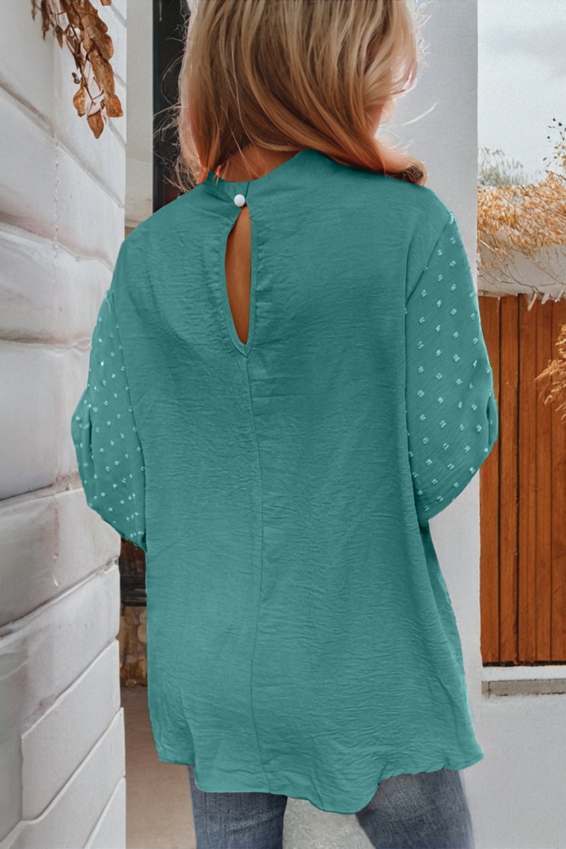 Parchment Swiss Dot Balloon Sleeve Patchwork Crinkle Blouse