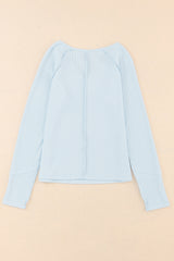 Sky Blue Mineral Wash Long Sleeve Waffle Knit Top