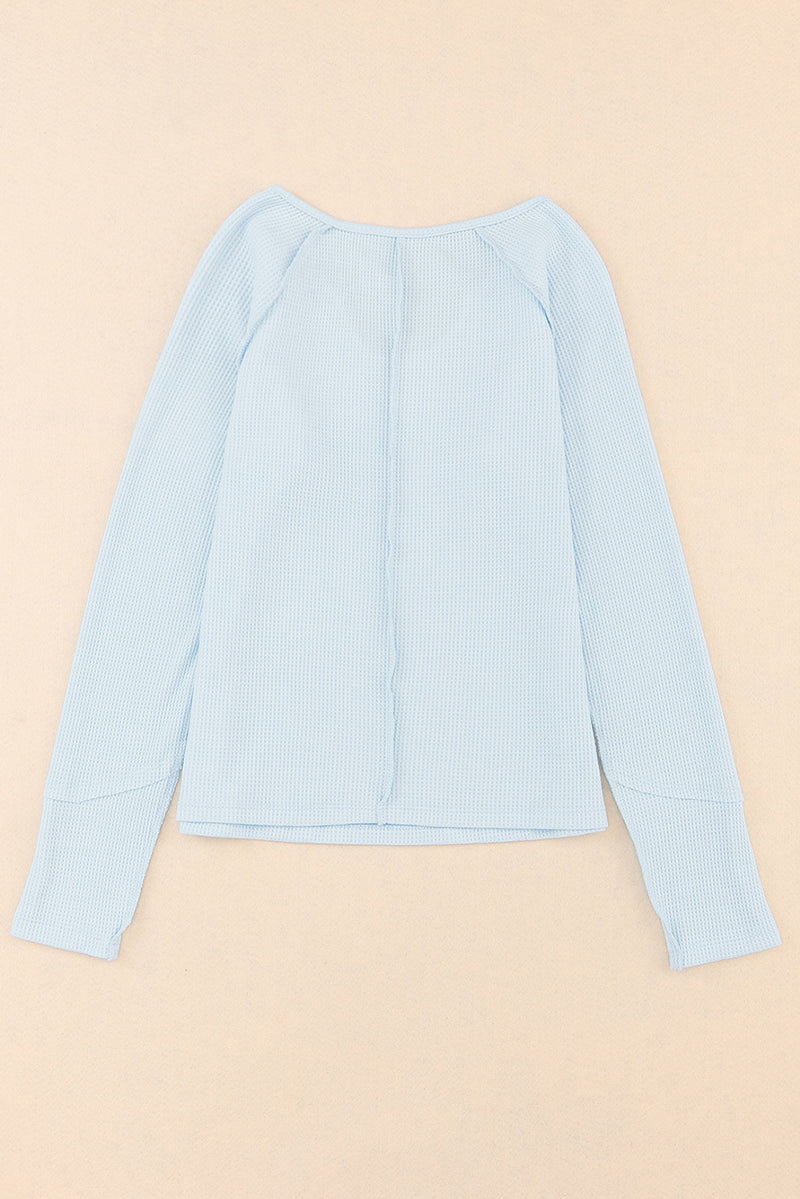 Sky Blue Mineral Wash Long Sleeve Waffle Knit Top