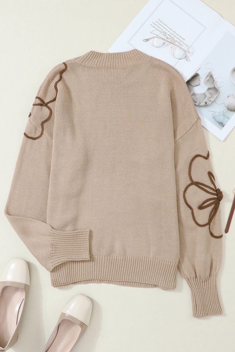 Khaki Floral Decor Lantern Sleeve Knit Sweater