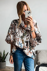 White Boho Print Lantern Sleeve V Neck Blouse