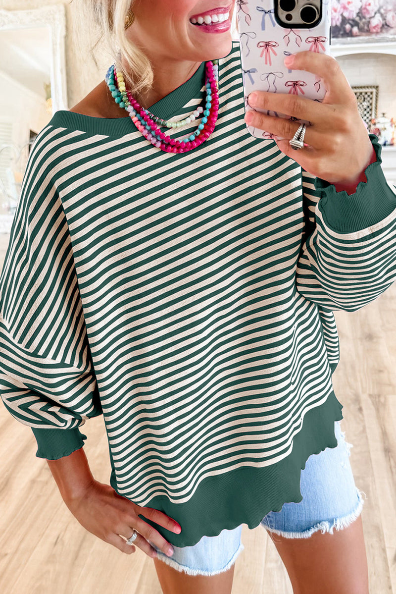 Green Stripe Drop Shoulder Long Sleeve Top