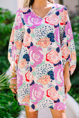 Multicolor Floral Print V Neck Bohemian Tunic Dress