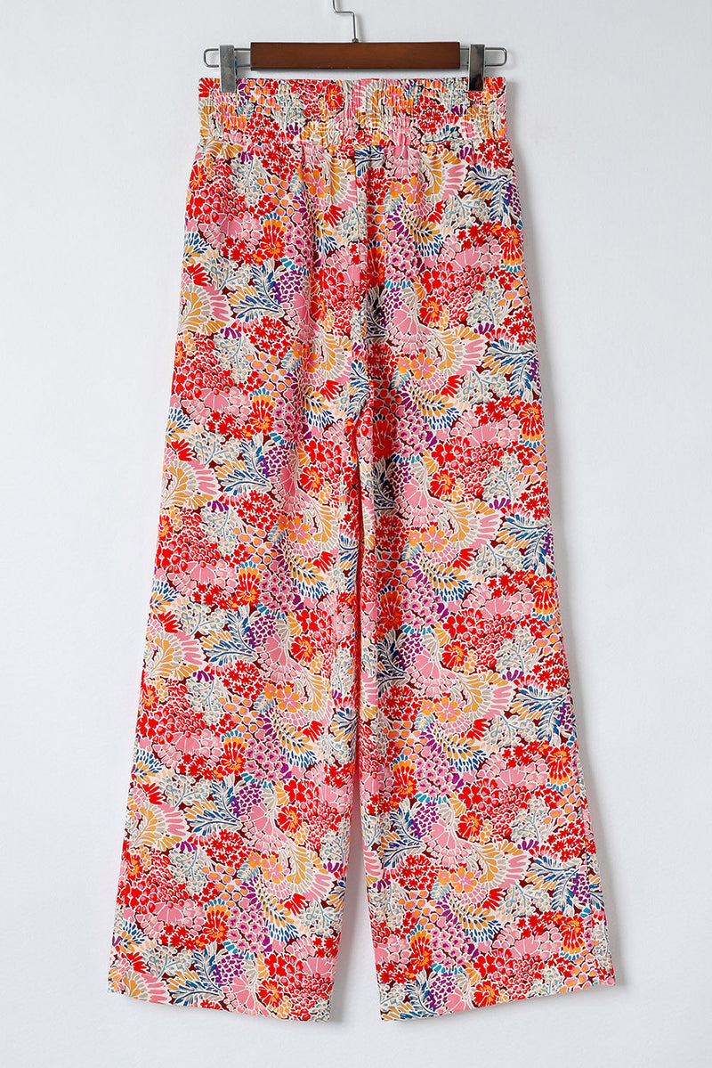 Red Gorgeous Floral Print Drawstring Smocked High Waist Pants