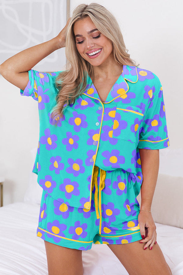 Green Flower Print Buttoned Shirt and Drawstring Waist Pajama Set