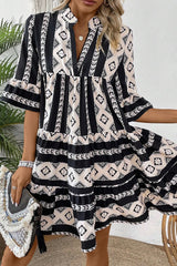 Black Abstract Print Bell Sleeve V Neck Boho Dress