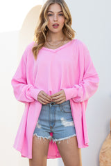 Pink Waffle Textured V-Neck Oversized Top