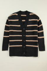 Black Stripe Buttoned V Neck Drop Shoulder Loose Cardigan