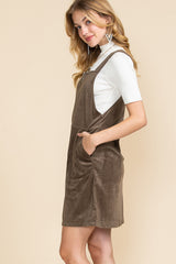 Brown Pockets Zip Up Ribbed Overall Dress