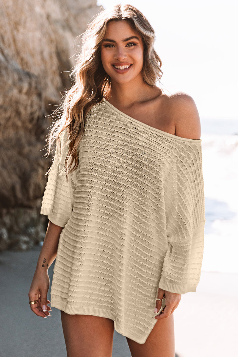 Brown Solid Color Rib-Knit Drop Sleeve Side Slits Top