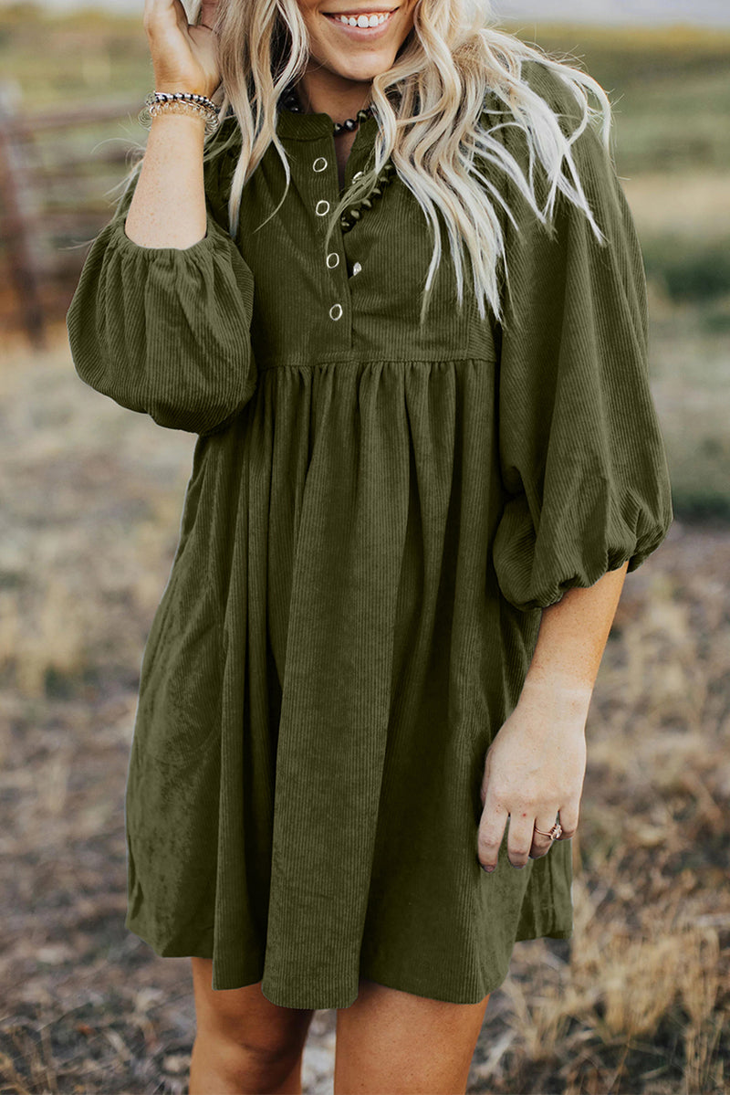 Vineyard Green Snap Button Empire Waist Lantern Sleeve Corduroy Dress