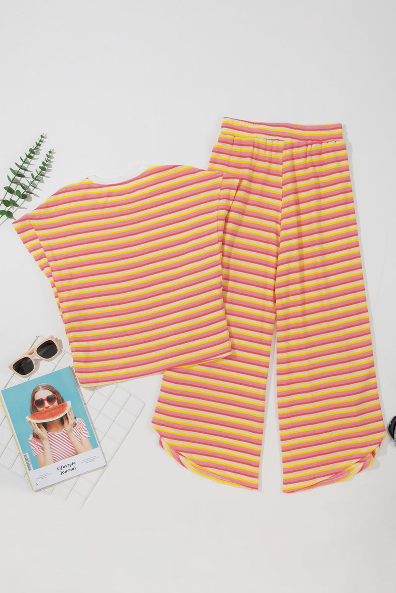 Yellow Stripe Rainbow Tee and Tassel Drawstring Wide Leg Pants Set