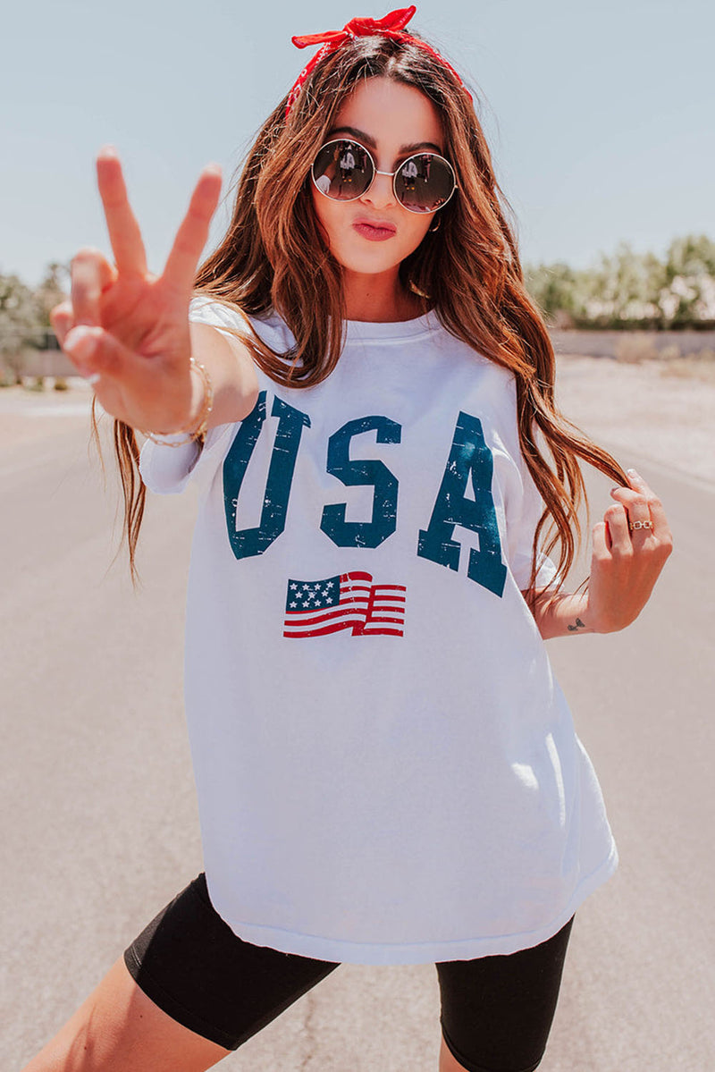 White USA Flag Graphic Round Neck Oversized Tee