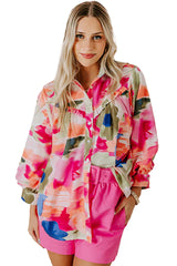 Rose Abstract Print Ruffled Puff Sleeve Shirt