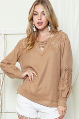 Apricot Lace and Waffle Knit Crisscross Straps V Neck Long Sleeve Top