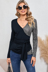 Black and Animal Print Color Block Long Sleeve Wrap Top