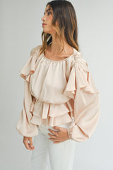 Oatmeal Elegant Satin Ruffle Peplum Blouse