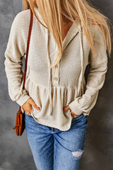 Apricot Waffle Casual Button Ruffle Knit Hoodie