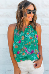 Bright Green Boho Floral Print Button Front Sleeveless Blouse