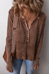 Coffee Patchwork V Neck Waffle Knit Top