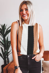 Khaki Stripe Color Block Sleeveless Knitted Top