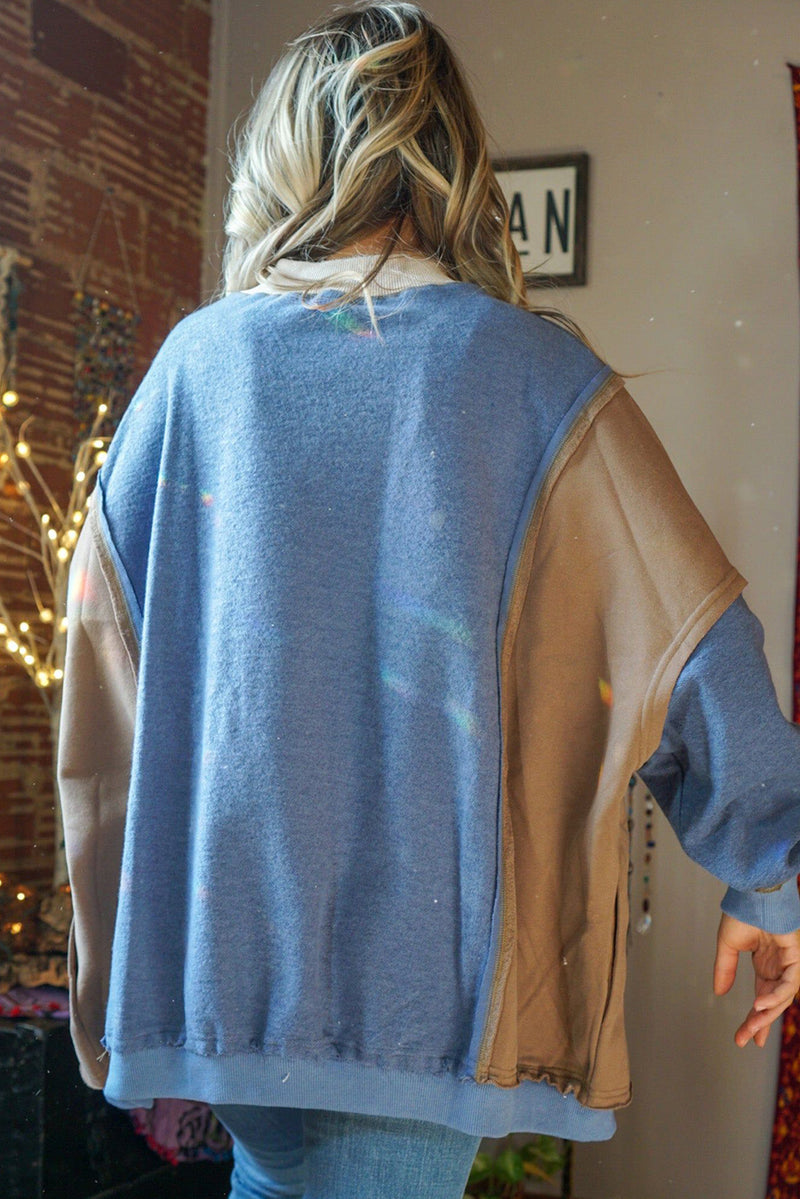 Sky Blue Colorblock Exposed Seam Patchwork Oversized Sweatshirt