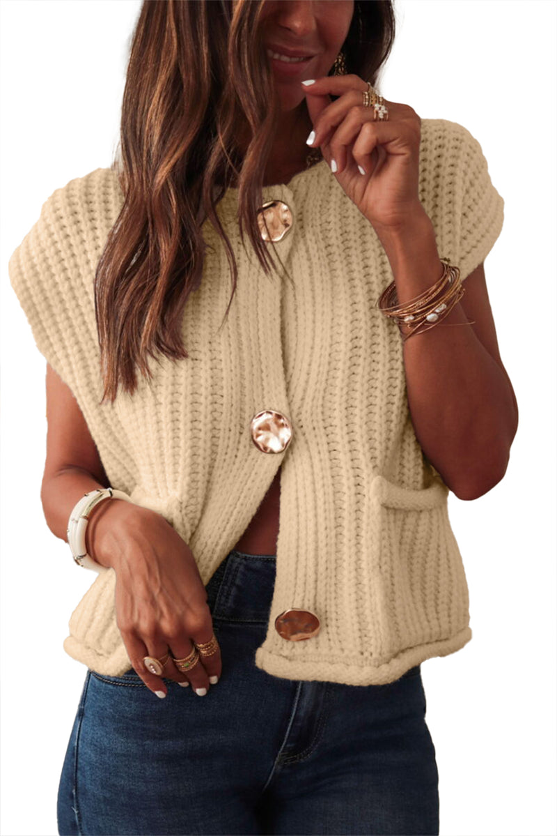 White Solid Textured Knit Side Pockets Buttoned Sweater Vest