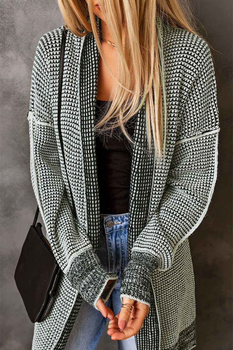 Black Plaid Casual Contrast Trim Knit Cardigan