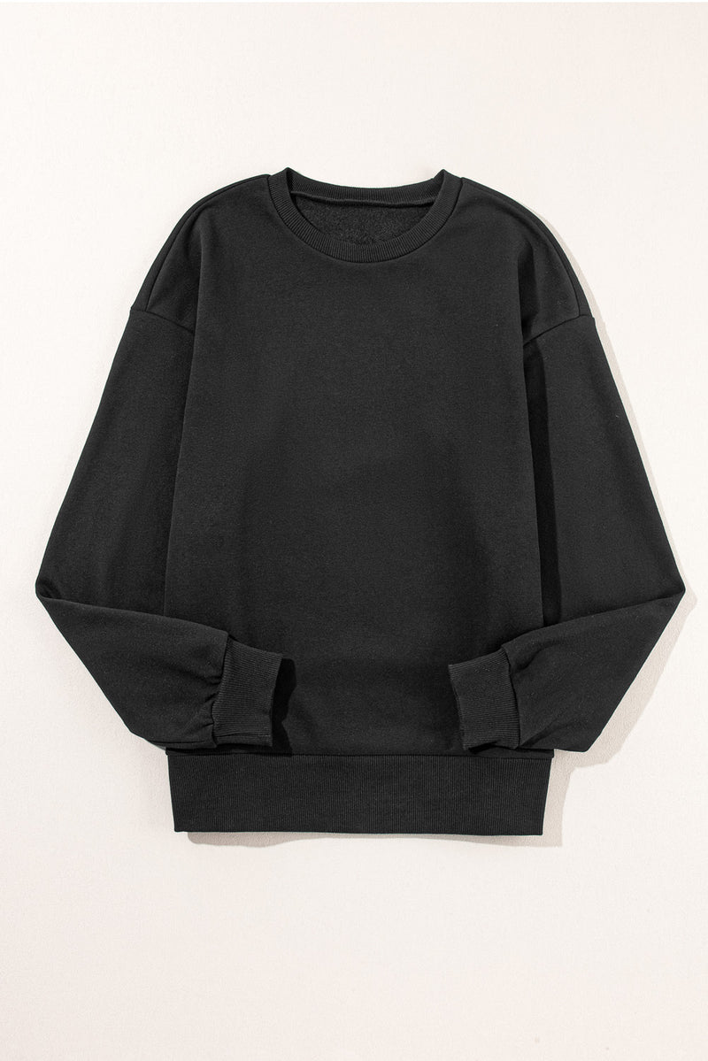 Black Snap Button Side Slits Solid Color Sweatshirt