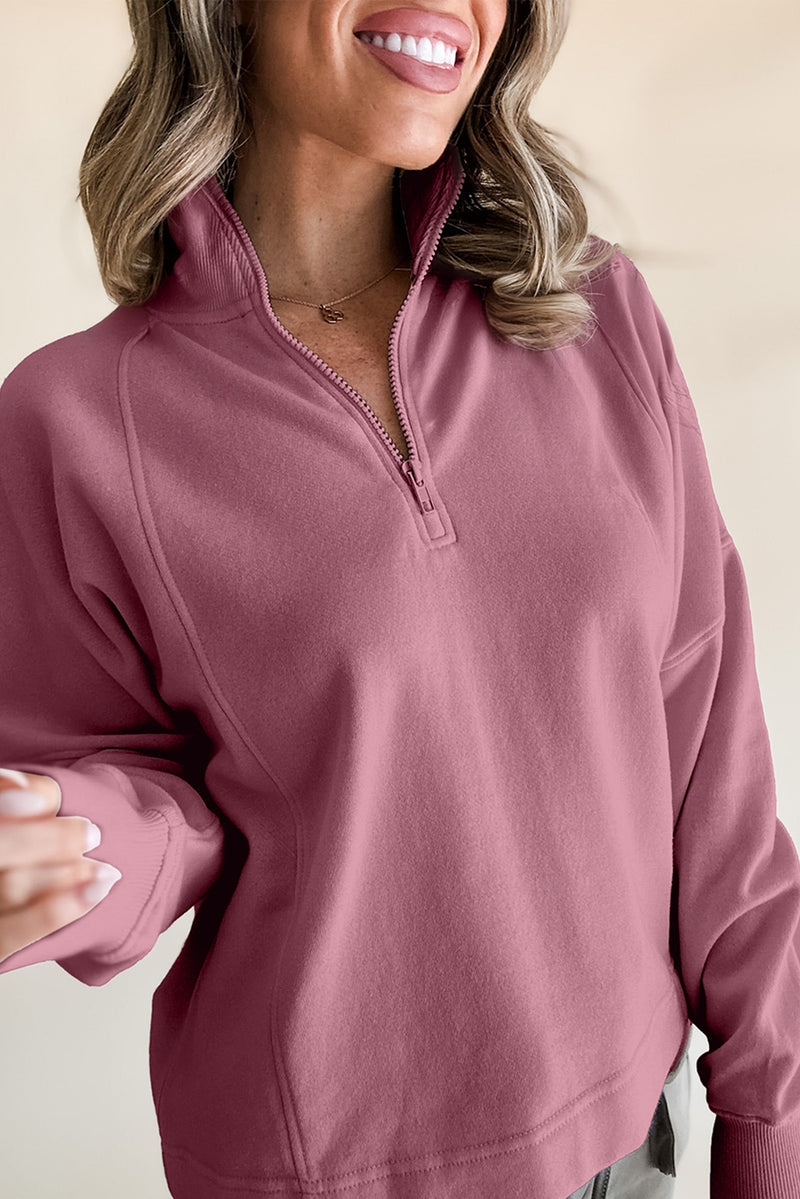 Fushia Zipper Collared Drop Shoulder Plain Sweatshirt