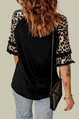 Beige Cheetah Print Tiered Half Sleeve Jewel Neckline T Shirt