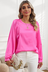 Pink Plain Satin Puff Long Sleeve Crewneck Blouse