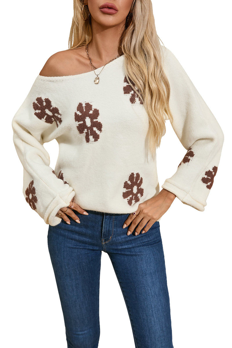 White Colorblock Floral Pattern Crewneck Sweater