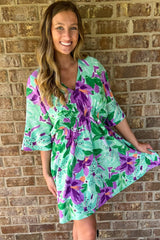 Green Lily Floral V Neck Empire Waist Mini Dress