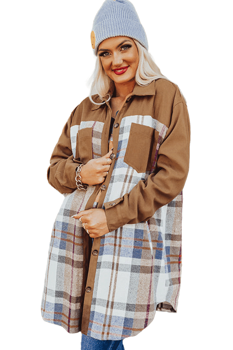 Khaki Plaid Patchwork Long Sleeve Jacket