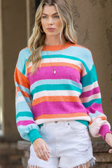 Multicolor Striped Knit Drop Shoulder Lantern Sleeve Sweater