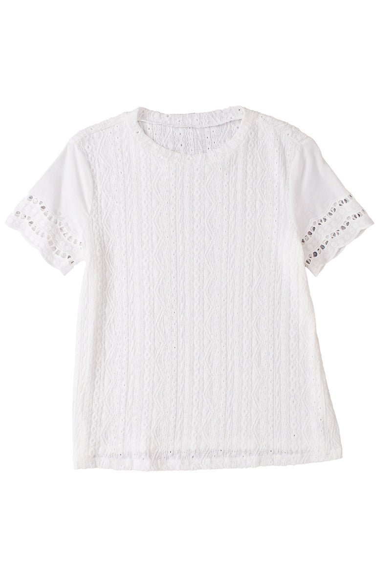 White Eyelet Embroidery Scalloped Short Sleeve Blouse