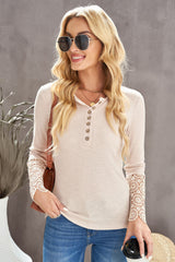 Beige Ribbed Lace Crochet Long Sleeve Henley Shirt for Women