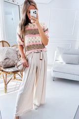 Brown Stripe Color Block Hollow Crochet Sweater