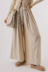 Beige Casual Lace-up Waist Pleated Wide Leg Pants