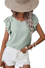 Clearly Aqua Solid Color Ruffle Sleeve Crinkled Blouse