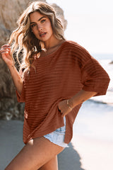 Brown Solid Color Rib-Knit Drop Sleeve Side Slits Top