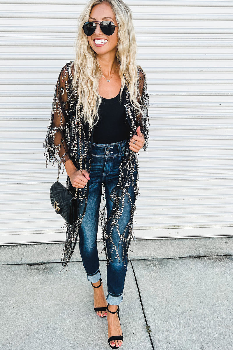 Black Sequin Sheer Casual Open Front Cover Up