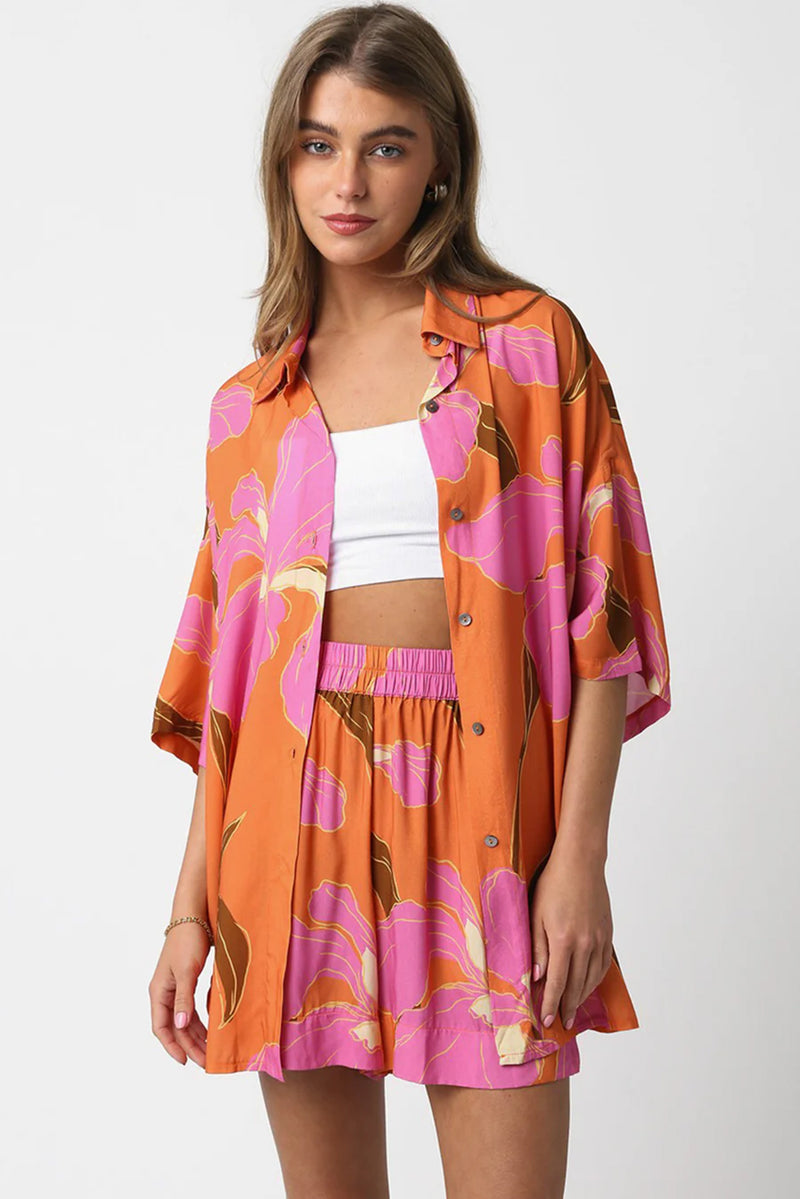 Russet Orange Floral Print Loose Shirt and Shorts Set