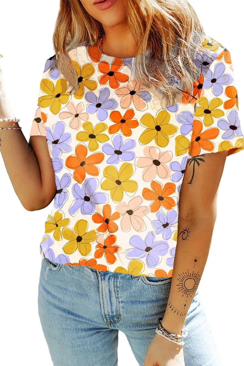 Orange 60s Vintage Flower Print Round Neck T Shirt