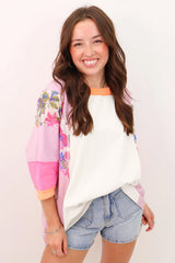 Sachet Pink Floral Patchwork Colorblock Loose Top