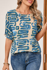 Beige Abstract Print Round Neck Dolman Blouse