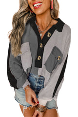 Gray Colorblock Patchwork Ribbed Oversized Henley Sweatshirt